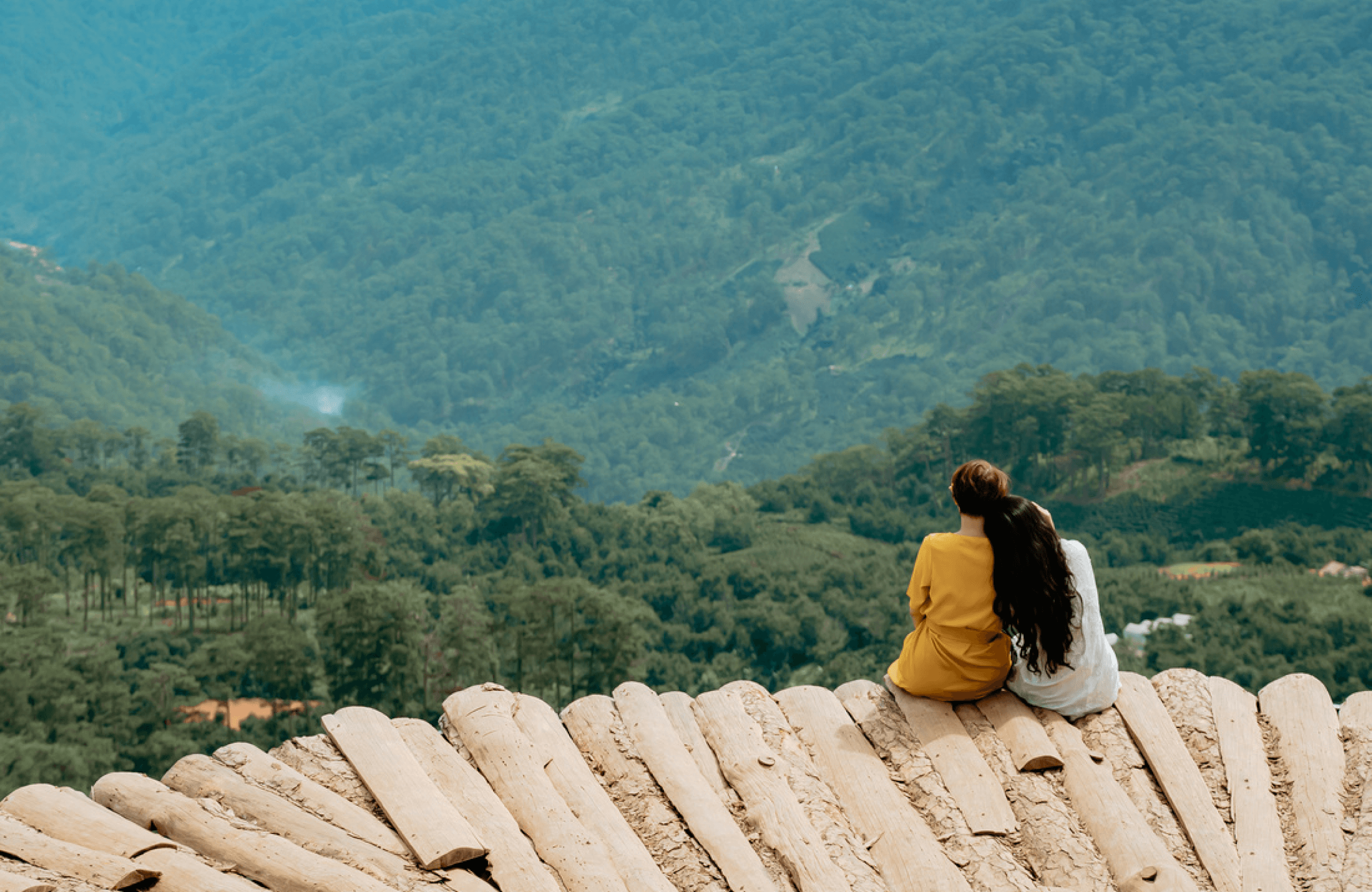 Travelers overlooking mountains